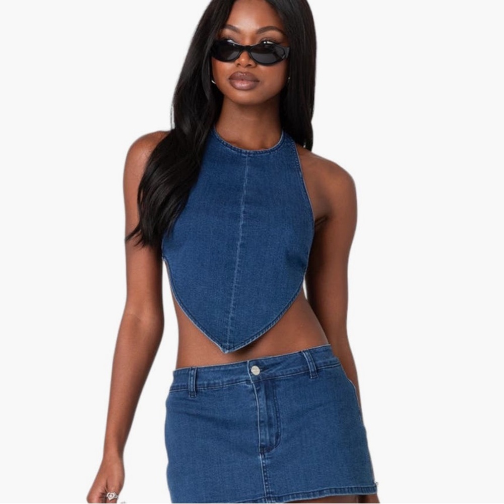 EDIKTED Sydnie Open Back Denim Halter Top | Color: Dark-Blue - Picture 6 of 8